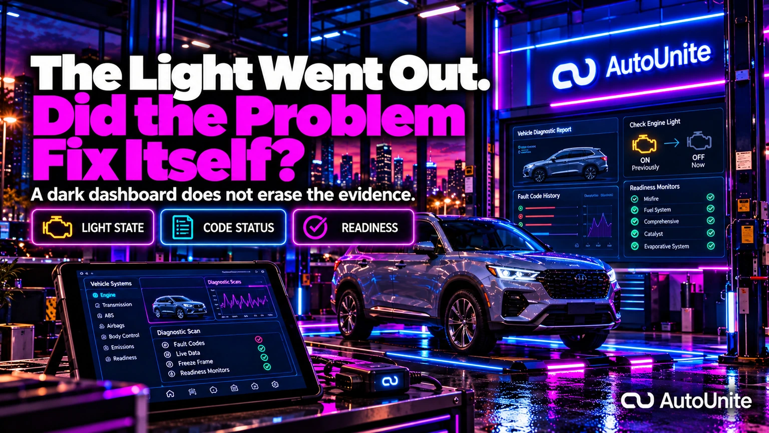 AutoUnite Night diagnostic command bay with a vehicle, scan data, readiness monitors and the headline The Light Went Out. Did the Problem Fix Itself?