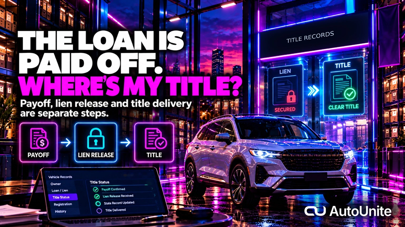 A silver SUV inside a neon title-transfer vault with payoff, lien release and title steps.