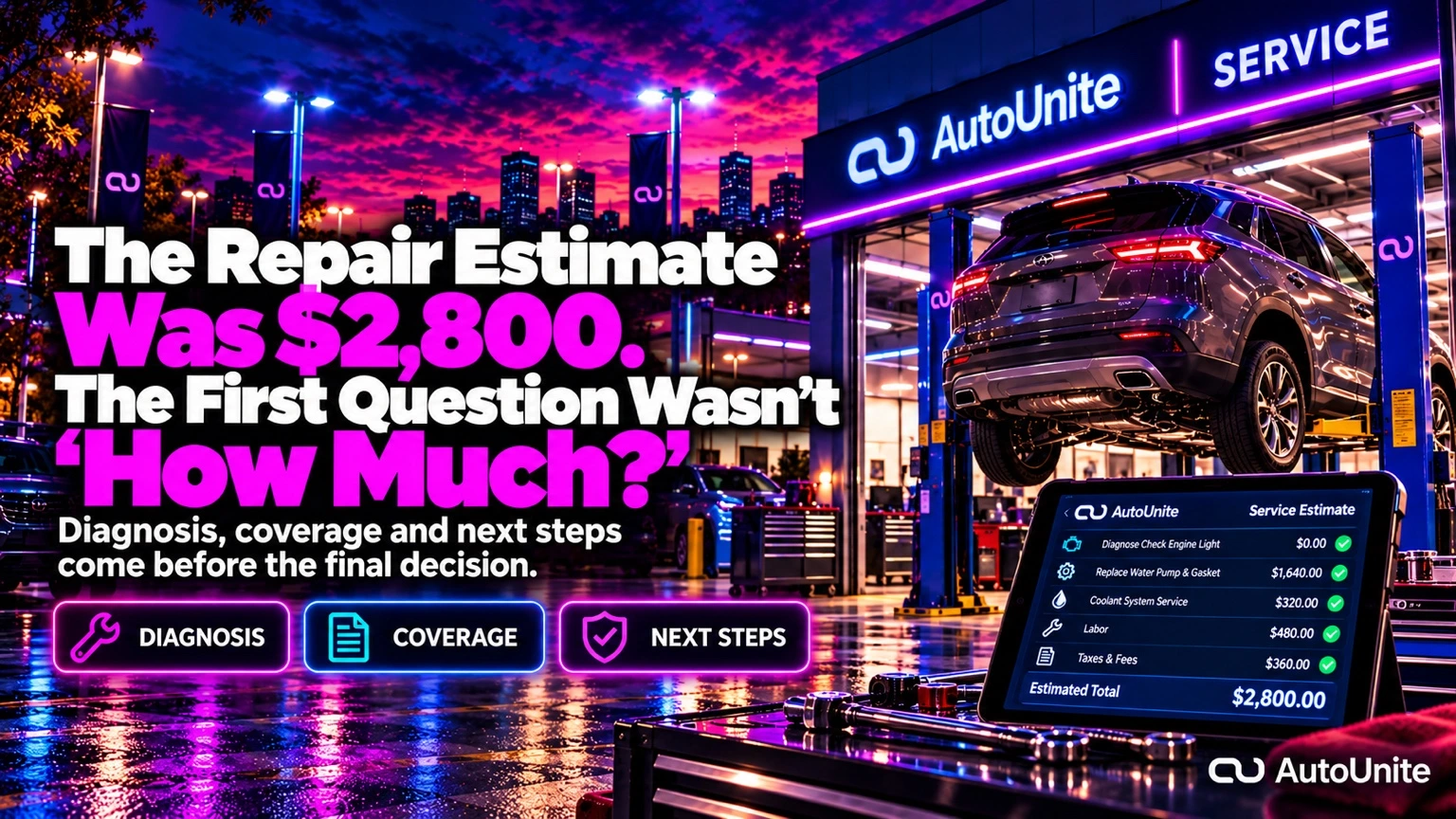 Cinematic dealership service-lane scene with a dark SUV, customer and service advisor reviewing repair paperwork; headline asks what matters after a $2,800 repair estimate.